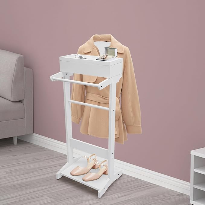 Valet Stand for Man, Suit Clothes Wood Stands, Wooden Coat Hanger Rack with Top Tray, Clothing Rack Organizer with Shoe Rack & Lidded Storage, Freestanding Belt Holder Mens Valet Stand (White)