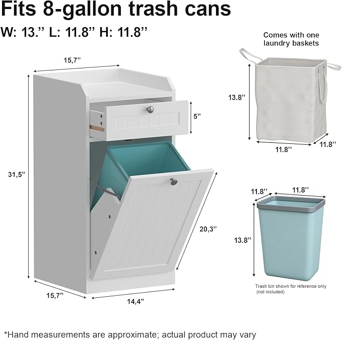 Single Tilt Out Trash Can Cabinet, Dog-Resistant, Fits 13.8"H Bins (Max 11.8"x11.8" Base), Easy Assembly, White for Kitchen & Laundry