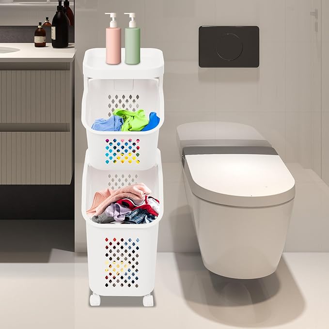 Laundry Hamper Basket Sorter, Multi-Tier PP Laundry Sorter Cart with 4 Wheels, Removable Rolling Laundry Baskets, Heightened Fence, Elevated Bottom (2-Tiers 15.1x29.6in)