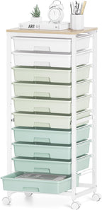 Rolling Cart with Drawers,10 Drawer Rolling Cart,Storage Cart,Utility Cart,Teacher Cart for Classroom Storage,Craft Cart with Wheels and Wooden Tabletop,Green