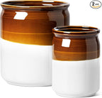 LE TAUCI Kitchen Utensil Holder, 7.2" & 5.4" Ceramic Utensil Crock for Countertop, Large Heavy Weighted Spatula Organizer, Rustic Farmhouse Decor, Vintage Two-Tone Glaze, Set of 2, Brown & White