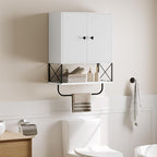 Bathroom Wall Cabinet with 2 Door and Adjustable Shelf, Farmhouse Medicine Cabinet with Towel Rack, 3-Tier Wall Mounted Storage Cabinet Over The Toilet for Bathroom, 18.9" L, White