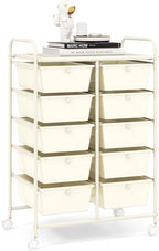 RELAX4LIFE 10 Drawer Storage Cart - Ivory Metal Frame Rolling Art Cart Organizer with Lockable Wheels, Utility Cart for Crafting Storage, Office, Home, School