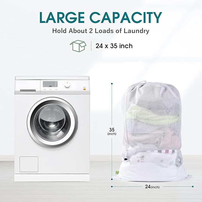 OTraki 2 Pcs Large Mesh Laundry Bags 24X36 Inch Heavy Duty Drawstring Laundry Wash Bag,Laundry Hamper Liner Machine Washable Storage Bag for Travel Hotel Beach Don't Drying, Melting 140-176℉ White