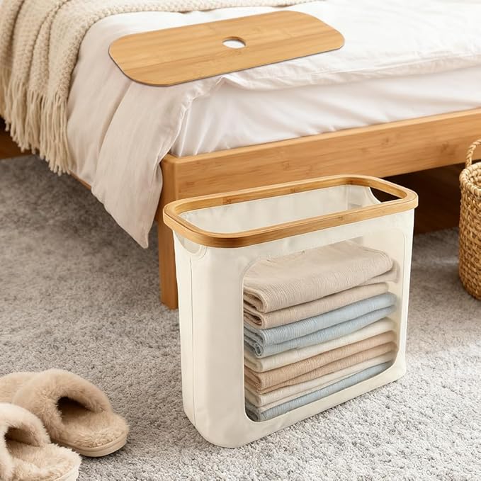 Extra Toilets Roll Storage for 12 Rolls, Toilet Paper Storage with Bamboo Lid, Collapsible Bathroom Toilets Papers Holder Organizer(Color:Beige)