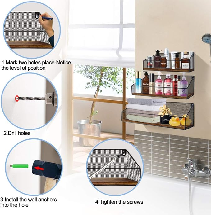 Schliersee Floating Shelves Wall Mounted Mesh Storage Shelf Set for Bathroom, Bedroom, Kitchen, Living Room, Office, 3 Packs