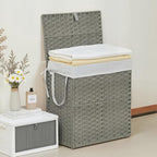 Laundry Hamper with Lid, 110L Foldable Laundry Basket with Removable Liner Bags, Handwoven Synthetic Rattan Clothes Hamper for Bathroom, Bedroom, Laundry Room, Grey