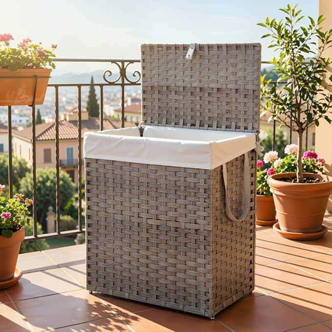 Laundry Hamper with Lid, 110L Foldable Laundry Basket with Removable Liner Bags, Handwoven Synthetic Rattan Clothes Hamper for Bathroom, Bedroom, Laundry Room, Grey