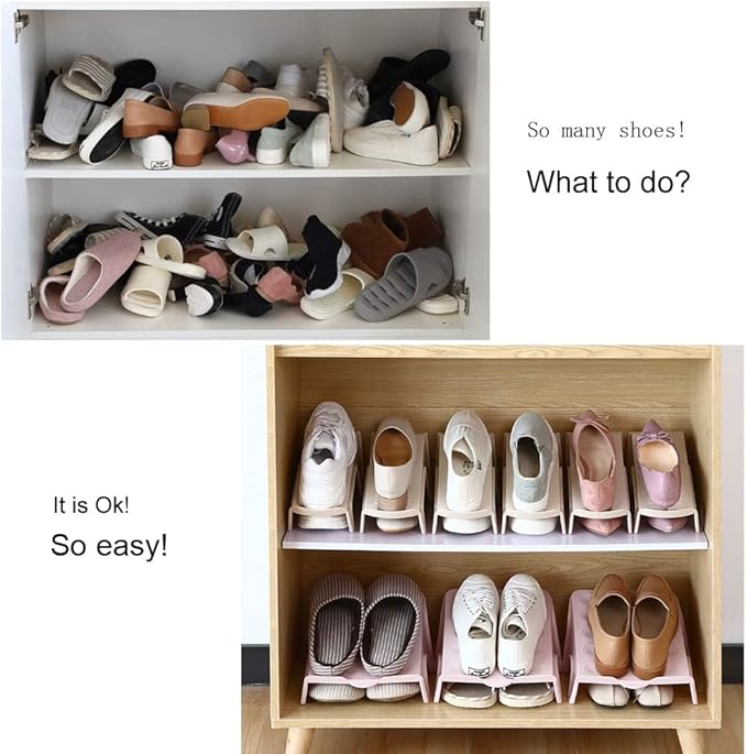 4 Pcs Stacking Shoe Organizer for Shelf 10 x 8.7 in – Double Layer Space Saving Shoe Dividers for Shelves – Footwear Riser for Heels Under 4.7", Sneakers & Flats Storage for Small Closets, Dorms, Apts