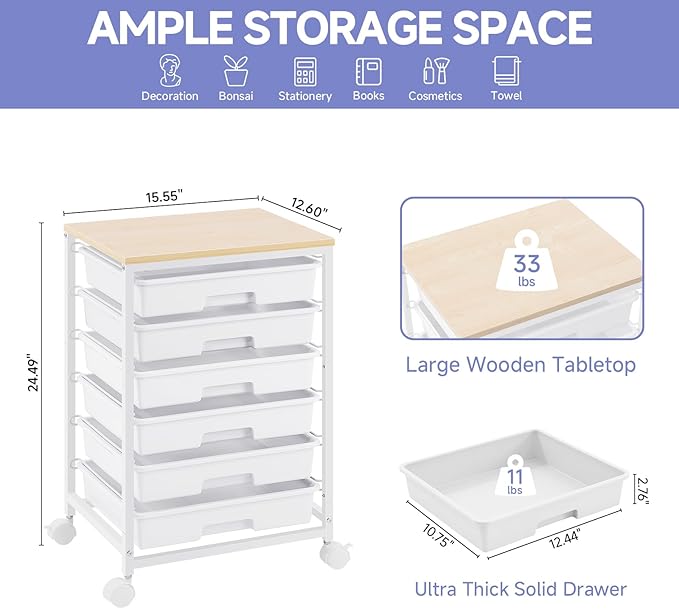 Rolling Cart with Drawers,Utility Cart with 6 Drawers,Rolling Storage Cart with Drawers and Wooden Tabletop & Lockable Wheel,White