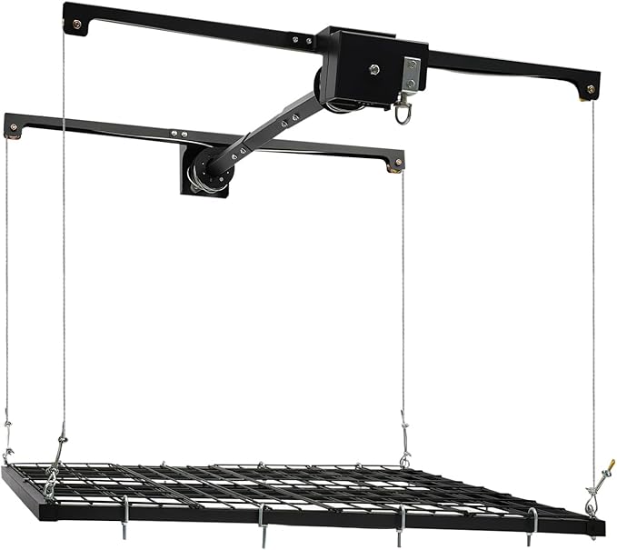 Overhead Garage Storage Rack, 4x4Ft Ceiling Storage Lift 79in Adjustable Height Garage Storage Organization Systerm, Heavy Duty Metal Garages Ceiling Storage Racks, 300lbs Load Capacity (Satin Black)