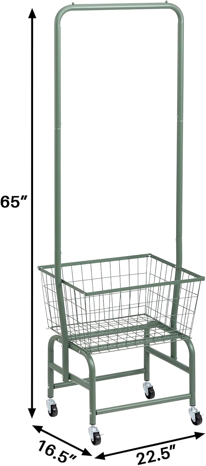 ALIMORDEN Laundry Cart with Clothes Rack, Rolling Laundry Butler with Wire Storage Rack，Green