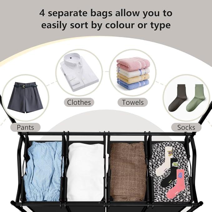 LUCKUP Laundry Sorter 4 Sections with Hanging Bar, 4 Bags Laundry Hamper Rolling Laundry Basket Cart with Lockable Wheels for Laundry Room Bathroom Bedroom, Black