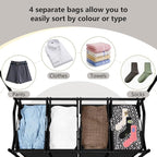 LUCKUP Laundry Sorter 4 Sections with Hanging Bar, 4 Bags Laundry Hamper Rolling Laundry Basket Cart with Lockable Wheels for Laundry Room Bathroom Bedroom, Black