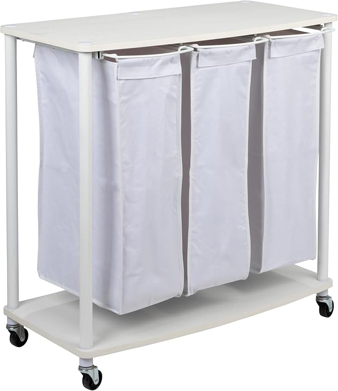 Household Essentials 3-Bag Laundry Sorter, Smooth Laminate Shelving, Sturdy Steel Frame, Wheeling and Stationary Feet Options, Washable Linen Laundry Bags, 3-Load Capacity, Versatile, White