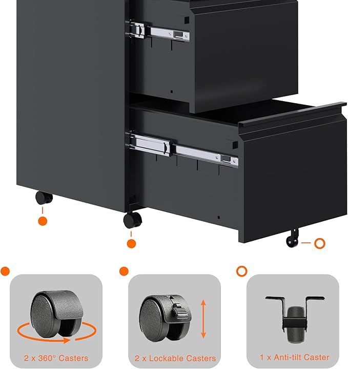 Aobabo 2 Drawer File Cabinet with Lock, Pre-Assembled Mobile Filing Cabinet Under Desk, Anti-Tilt Rolling Metal Office Storage for Letter and Legal Size, Black
