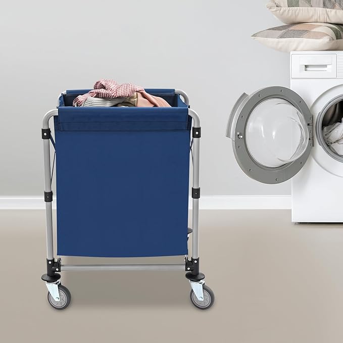 Commercial Laundry Cart with Wheels, 220LBS Capacity Heavy Duty Rolling Laundry Sorter with Steel Frame and Waterproof Oxford Cloth, Folding Laundry Hamper with Removable Bag for Home & Hotel (Blue)