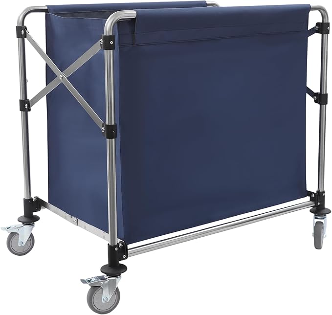 Commercial Laundry Cart with Wheels 220LBS Load Laundry Cart Rolling Laundry Basket with Removable Bag Foldable Laundry Sorter for Home, Hotel, Hospital (Blue)