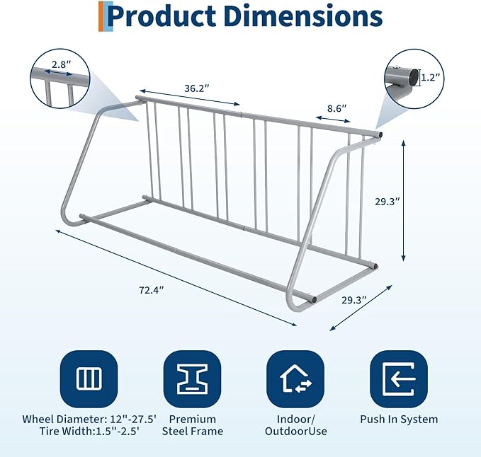 Single Side 6 Bike Floor Rack 110 Inch Length Freestanding Bicycle Parking Stand In Ground Grid Design For Garages Streets Yards And Bike Events Heavy Duty Storage (Grey, Single Side 6 Bike)