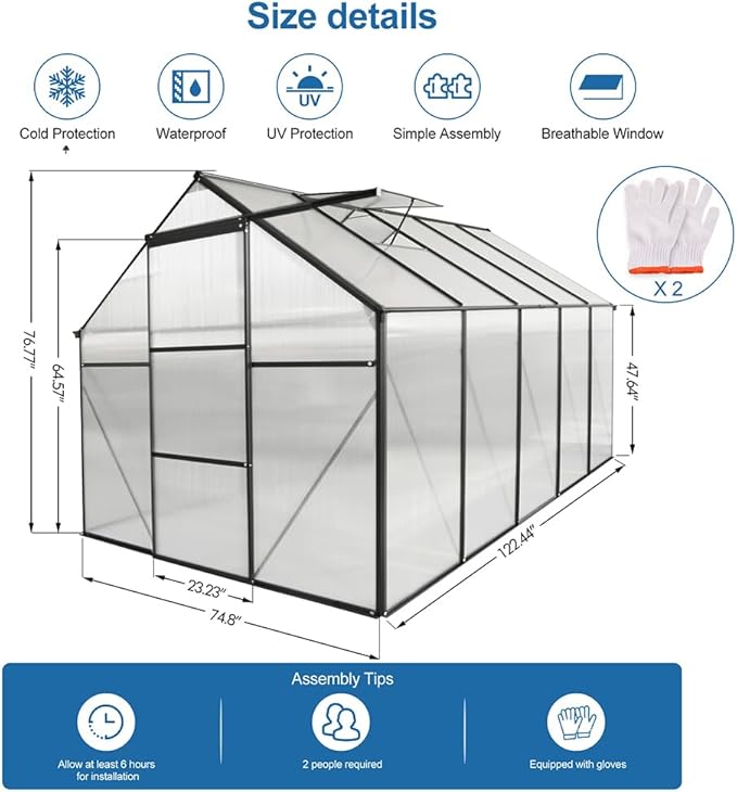 Polycarbonate Greenhouse with Rain Gutter and Roof Vent, Raised Base and Anchor Aluminum Heavy Duty Walk-in Green House, Outdoor Patio Sunroom with Sliding Door (Black, 122.44*74.8*76.77in)