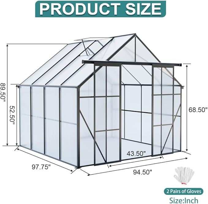 Heavy-Duty Walk-in Polycarbonate Greenhouse with Dual Sliding Doors, Adjustable Roof Ventilation, and Galvanized Steel Base for Year-Round Outdoor Gardening (Black 8*8FT)