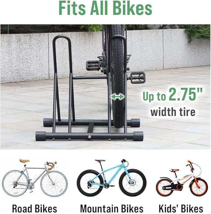Japard Dual Bicycle Stand for Mountain, Road, or Kid’s Bikes, Floor Stand Instant Versatile Pro Quality Bike Rack, Fits 2.7 Inch Extra Wide Tire Width, Garage for 2 Bikes