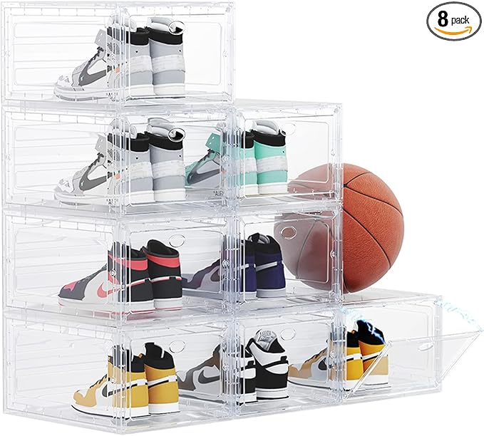US 15 Clear Entryway Shoe Storage Boxes Stackable XXL, 8 Pack Clear Shoe Boxes Stackable for Closet, Drop Front Large Plastic Shoe Containers Collecting Sneakers
