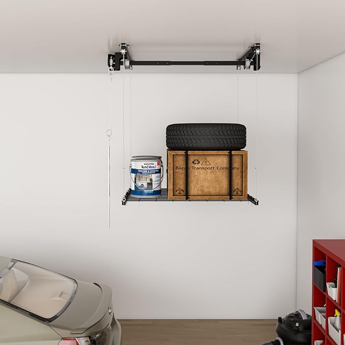 Garage Storage Lift,Overhead Garage Storage Rack,4x4 FT Ceiling Storage Racks for 10-12 FT, 250LBS Capacity All-Steel Construction with Safety Lock (4 * 4)
