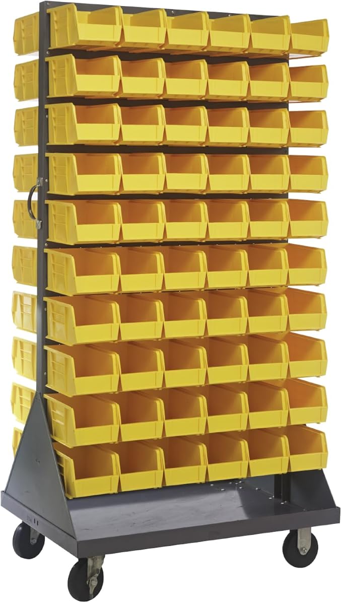 Quantum Storage Systems QMD-36H-230YL Mobile Double Sided Gray Louvered Rack System with Bins, 36” L x 25” W 72” H, Yellow
