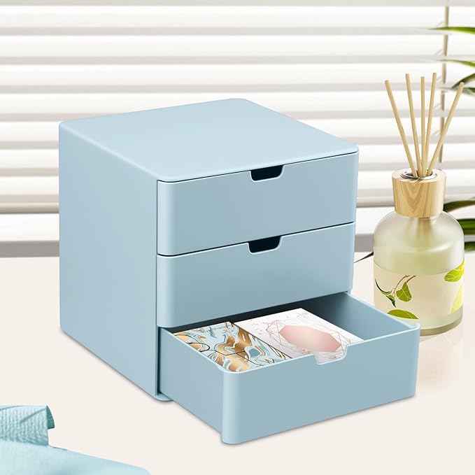 3-Drawer Vanity Organizer, Compact Storage Organization Drawers Blue