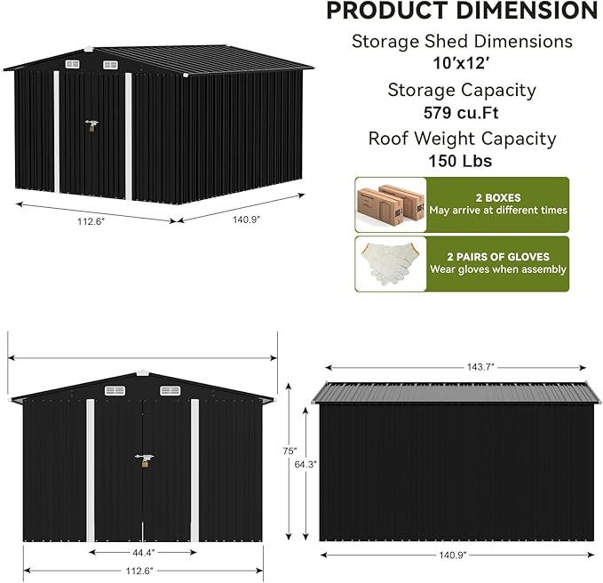 COMHOMA Shed Outdoor Storage Shed Metal,Lockable Doors Tool Sheds with Sloping Roof,Steel Garden Shed with Air Vent for Backyard,Patio,Lawn,Poolside(Grey,10'x12')