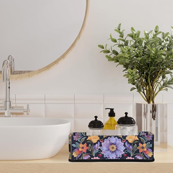 Bathroom Baskets for Organizing, Purple floral Foldable Storage Bins Toilet Paper Basket for Toilet Tank Top Fabric Storage Organizer for Shelves Closet Countertop（ Flower）