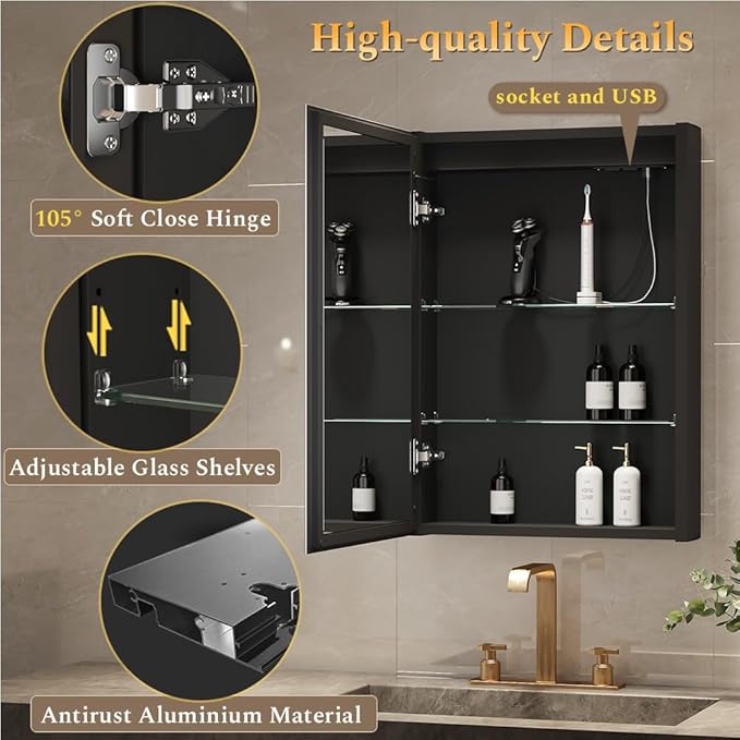 Spliceable Modular LED Lighted Bathroom Medicine Cabinet Mirror with Anti-Fog Aluminum Frame, Adjustable Lighting, Built-in Sockets & USB Ports – Wall Mounted (Left Hinge, 28" L x 20" W)