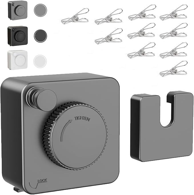JXKNKSR-Telescopic Clothesline Indoor and Outdoor, Heavy-Duty Laundry Line, Wall Mounted, Safety Lock System (Gray+10Clothes Pins)