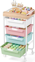 Rolling Craft Storage Cart with 4 Drawers,Utility Cart with Drawers,Art Craft Organizers and Storage,Kids Craft Cart,Kids Art Cart With DIY Lable and Wooden Tabletop Area,Colorful