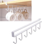 1 Pack Hanging Hooks Rack Under Cupboard Cabinet Cup Holder 6 Hooks Drilling Free Coffee Mug Holder Kitchen Utensil Storage Organizer Hook Rack (White)