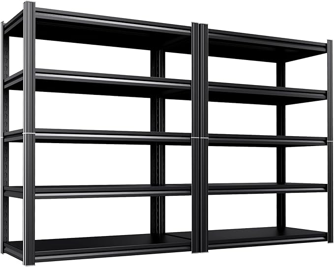 2Pack 46" W Heavy Duty Garage Shelving - 5 Tier Metal Storage Shelves (2500 LBS Total Capacity), Adjustable Steel Utility Rack for Pantry, Warehouse, Basement, Shop - 71" Hx46 W x 20" D,Black