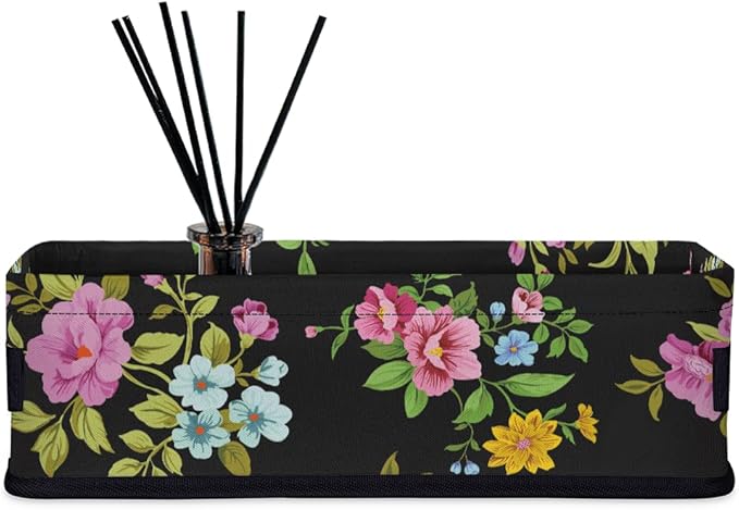 Toilet Tank Topper Paper Basket with Handle, Black Floral Bathroom Storage Basket for Organizing, Small Fabric Storage Bins for Bathroom Decor, Polyester