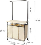 MYOYAY 3 Section Laundry Sorter with Garment Hanging Bar Rack Foldable Ironing Board, Laundry Basket Organizer Heavy Duty Laundry Hamper Rolling Cart with Lockable Wheels and 3 Removable Bags