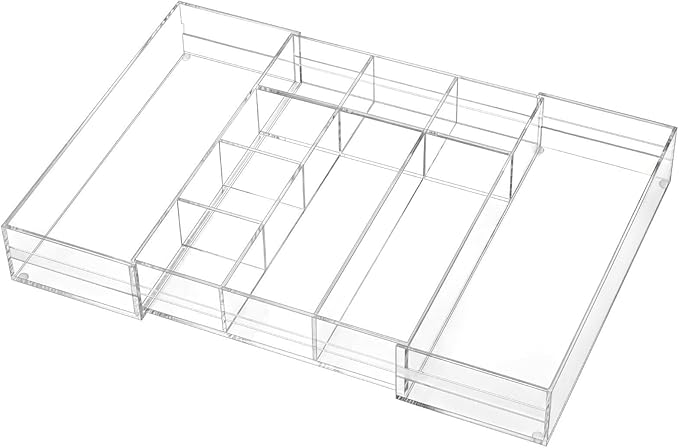 1 Pcs Acrylic Desk Drawer Organizer 9'' up to 16'' x 12'' x 2.2'' Expandable Drawer Organizer Trays with 10 Adjustable Compartments Clear Desk Accessories for Makeup Office Bathroom