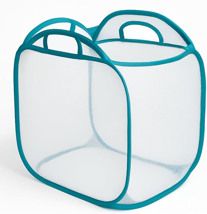 White Mesh Pop-Up Laundry Basket, 21" x 13" x 15.5" – Collapsible Clothes Hamper with Handles, Lightweight Foldable Laundry Bin for Bedroom, Bathroom, Dorm and Laundry Room