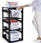Laundry Basket Holder Shelf – Stackable Engineered Wood Laundry Tower, Tiered Hamper Organizer for Bathroom, Bedroom, Closet (Black, 3 Tier)