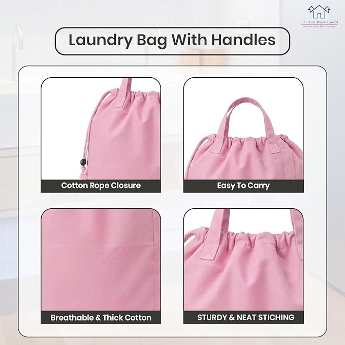 LFH Home Large Premium Cotton Canvas Laundry Bag with Drawstring and Handles Heavy Duty, Multi-Use, Washable for Home, Travel, College or Storage 20x30 (Pack of 2)-Pink
