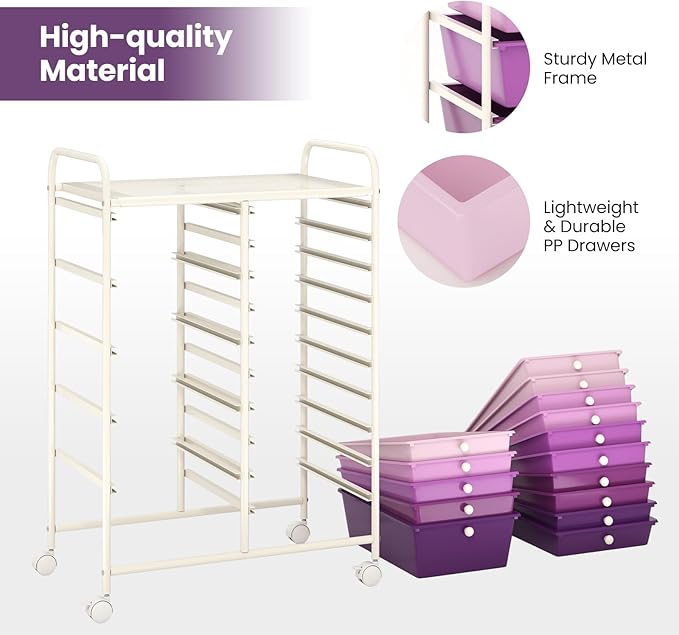 Giantex 15 Drawers Rolling Cart, Classroom Organizers, Storage Cart with Wheels, for Teacher Office Home School Supplies Tool Craft Art Paper, Purple Gradient