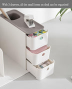 White Plastic Desktop Organizer with File slots,3-tier Drawers with Pen Holder,Book Stand for Office Supplies and Desk Accessories (White+Grey)