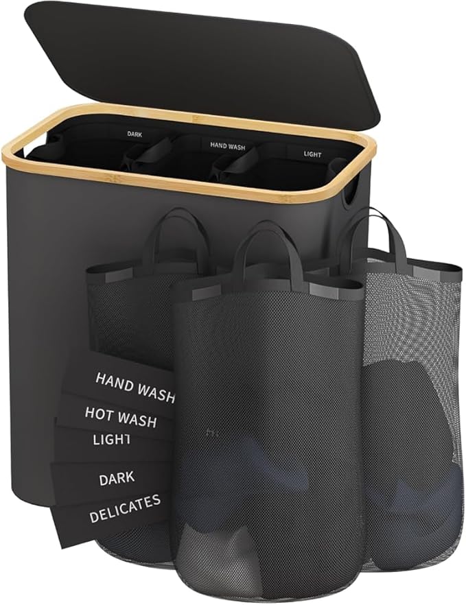 Laundry Hamper with Lid, 160L Dirty Clothes Hamper for Laundry Basket 3 Section, Extra Large Laundry Sorter Hamper 3 Compartment with Removable Inner Bags & Labels, Dark Grey