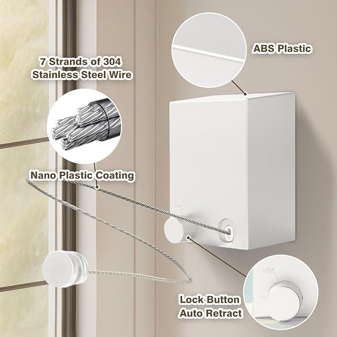 Retractable Clothesline, Clothes Line Retracting Indoor, Retractable Clothesline Indoor, Laundry Line Retractable, Not Sagging, Suitable for Balconies, Courtyards, Laundry Rooms