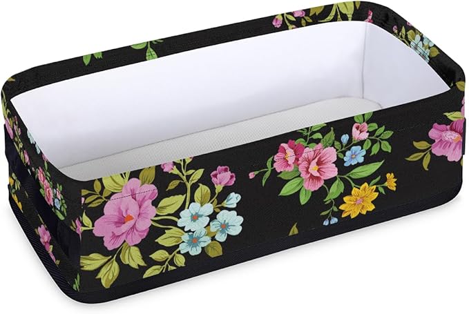 Toilet Tank Topper Paper Basket with Handle, Black Floral Bathroom Storage Basket for Organizing, Small Fabric Storage Bins for Bathroom Decor, Polyester
