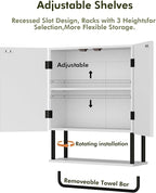 RUSTOWN Fluted Bathroom Wall Cabinet with 2 Doors, 3-Tier Modern Farmhouse Medicine Cabinet, Over the Toilet Storage Cabinet with Adjustable Shelf and Towel Bar (White, Medium)