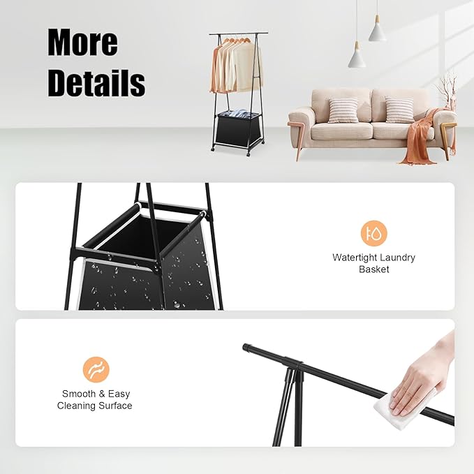 Laundry Cart with Hanging Rack, Metal Rolling Laundry Cart Laundry Hamper with Fabric Storage Basket Clothes Rack with Lockable Wheels for Hanging Clothes & Storing Toys Hats (Black)